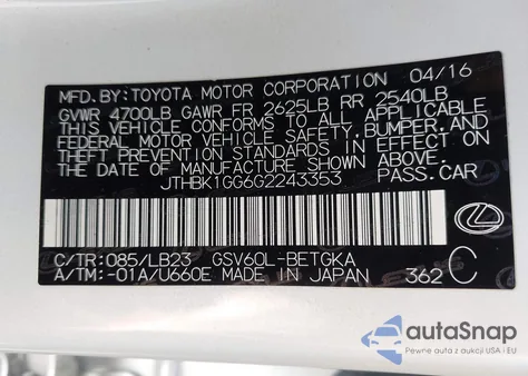 2016 Lexus Es 350 from USA, damaged, VIN JTHBK1GG6G2243353